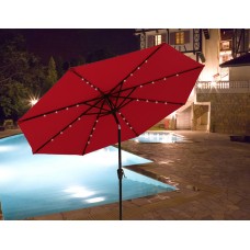 9 Feet Outdoor Patio Market Umbrella Solar Powered 32 LED Lights with Push Button Tilt and Crank, Red   